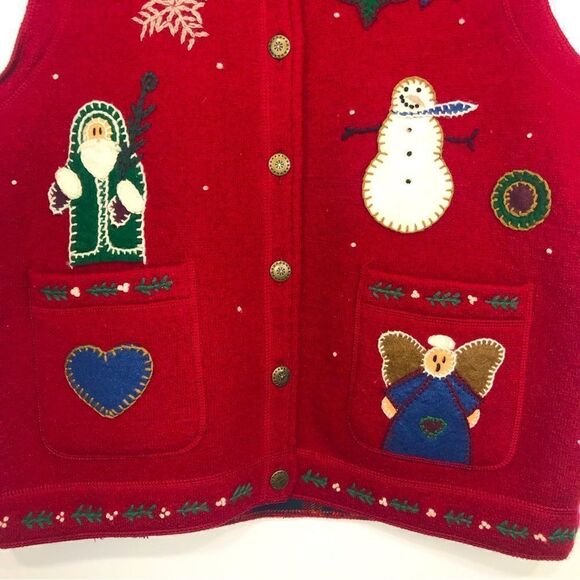 Woolrich Red 100% Wool Holiday Theme Vintage Button Up Christmas Winter Vest - Picture 3 of 12